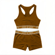 Flat lay of AstroWorld Leo Sport Bra Set in Taupe