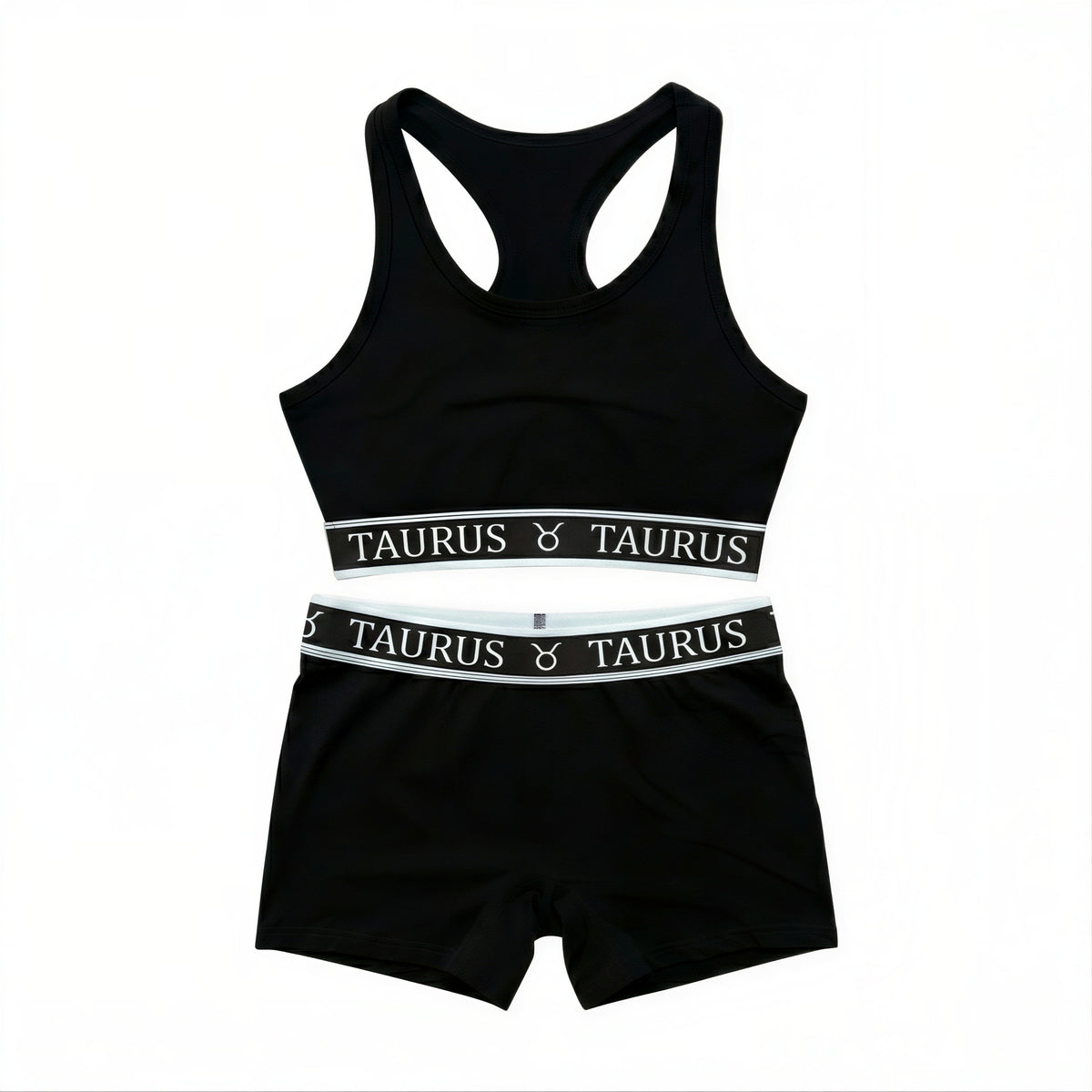 Flat lay of AstroWorld Taurus Sport Bra Set in Black
